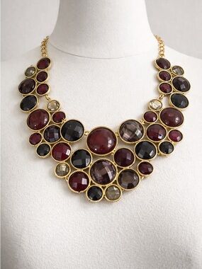 Gold Tone Garnet Statement Bib Necklace | Faceted Glass Cluster | Vintage Style